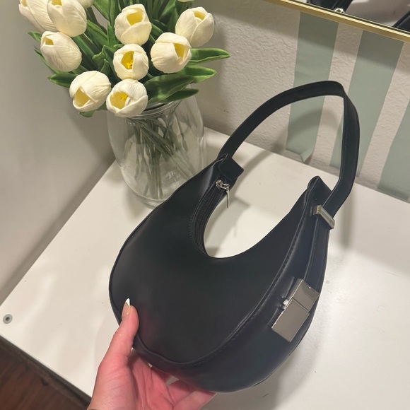 Black Crescent Moon Shoulder Bag | Faux Leather | Silver Hardware | NWT - Picture 6 of 9
